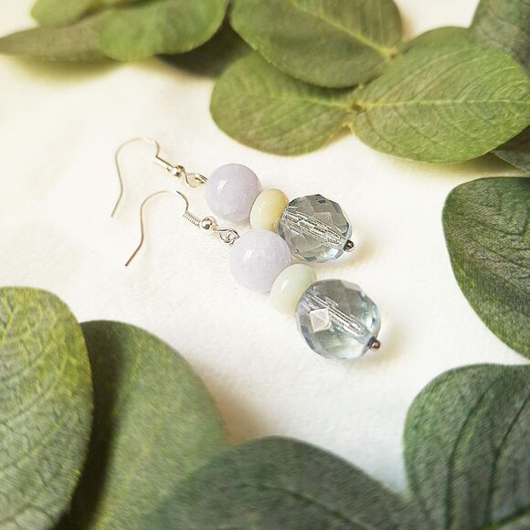 Pastel Aquamarine, Amazonite & Pale Blue Glass Drop Earrings, Fairycore Dangles - Picture 4 of 11